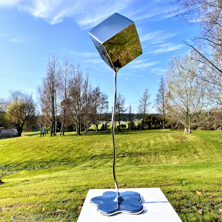 Stainless Steel Abstract Sculpture – Cube Melt by Hugh McLachlan, 110x33x33cm - view 6