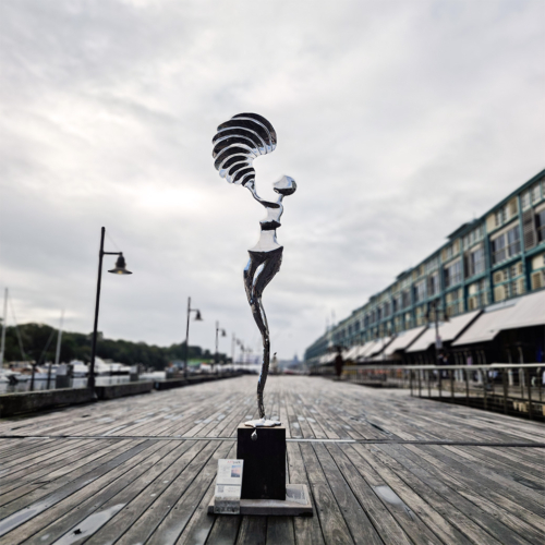 Stainless Steel Figurative Sculpture – Muse of Time by Hugh McLachlan, 260cm | ARTpark Australia