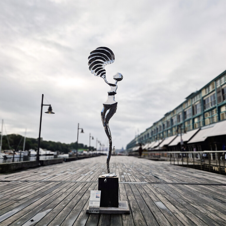 Stainless Steel Figurative Sculpture – Muse of Time by Hugh McLachlan, 260cm - view 6