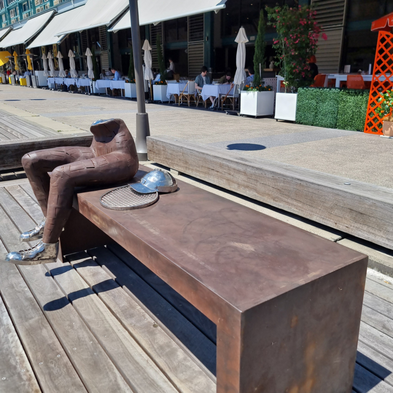 Corten Steel Figurative Sculpture – Anybody for Tennis? by Nicole Allen, 170x70x70cm - view 10