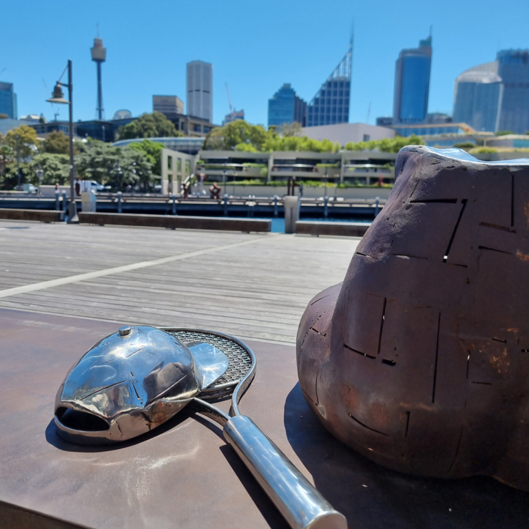 Corten Steel Figurative Sculpture – Anybody for Tennis? by Nicole Allen, 170x70x70cm - view 11