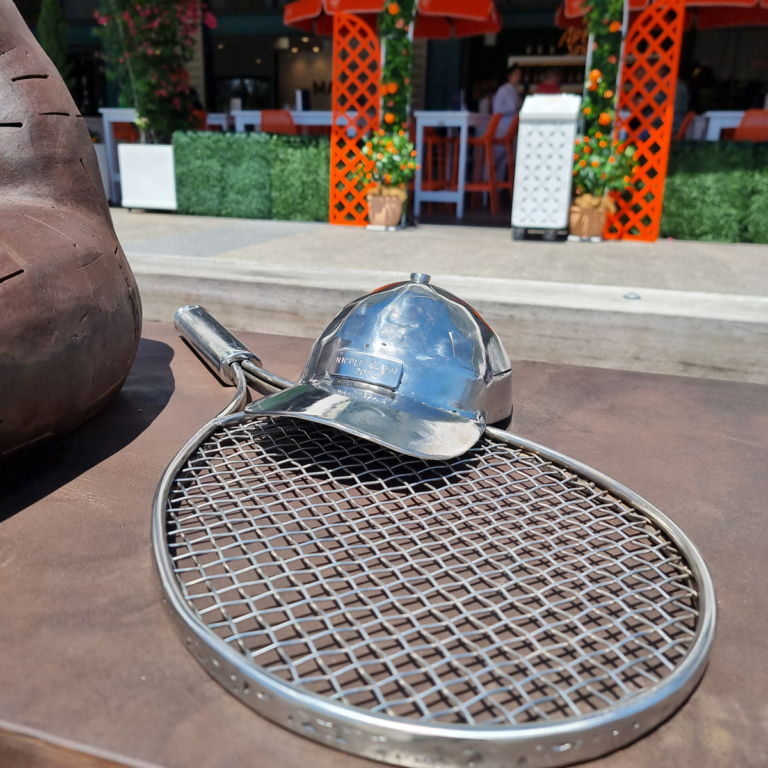 Corten Steel Figurative Sculpture – Anybody for Tennis? by Nicole Allen, 170x70x70cm - view 12
