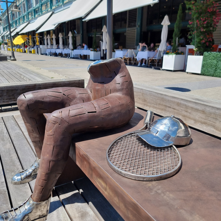 Corten Steel Figurative Sculpture – Anybody for Tennis? by Nicole Allen, 170x70x70cm - view 14