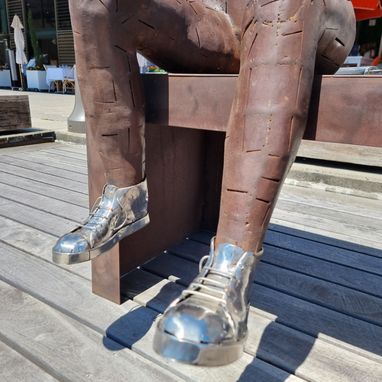 Corten Steel Figurative Sculpture – Anybody for Tennis? by Nicole Allen, 170x70x70cm - view 15