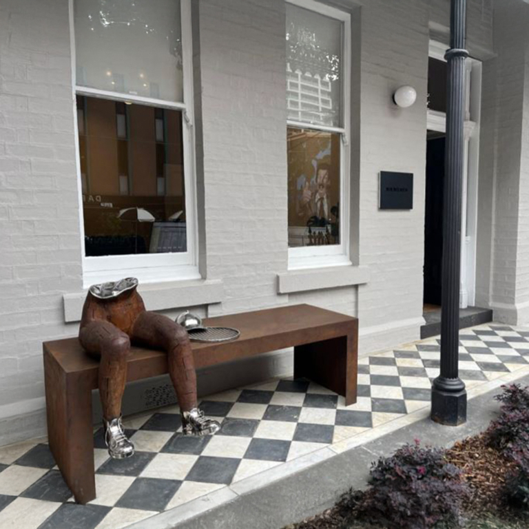 Corten Steel Figurative Sculpture – Anybody for Tennis? by Nicole Allen, 170x70x70cm - view 8