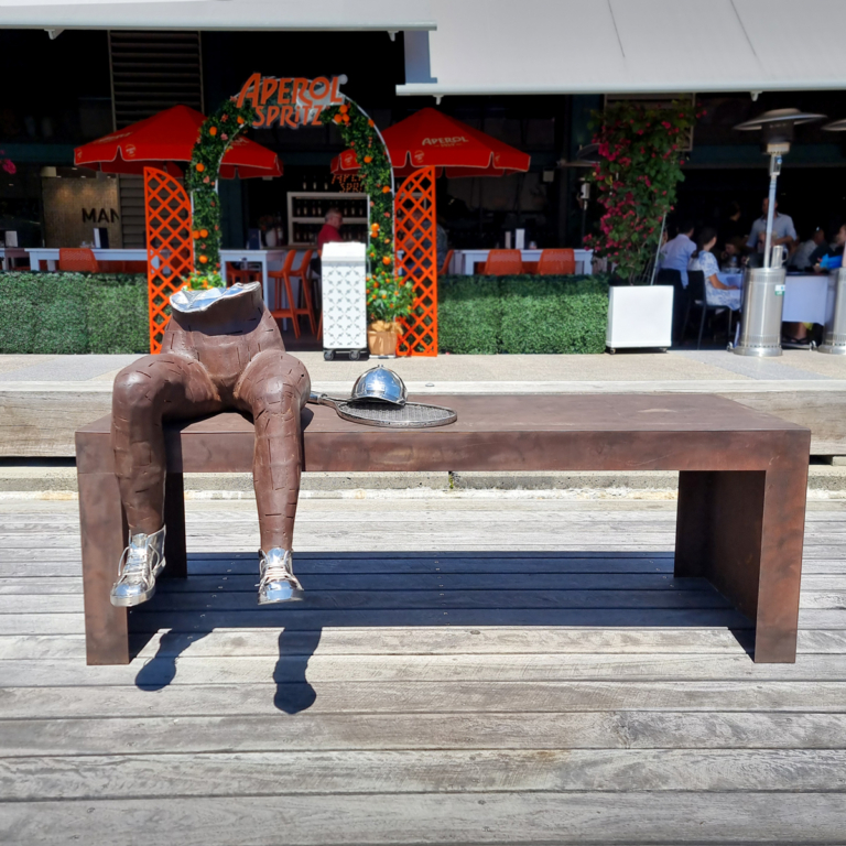Corten Steel Figurative Sculpture – Anybody for Tennis? by Nicole Allen, 170x70x70cm - view 9