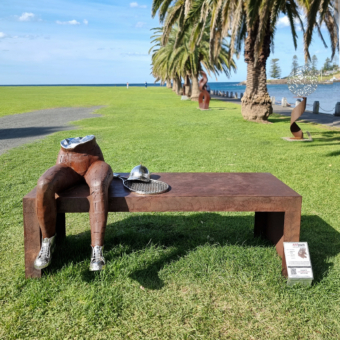 Corten Steel Figurative Sculpture – Anybody for Tennis? by Nicole Allen, 170x70x70cm | ARTpark Australia