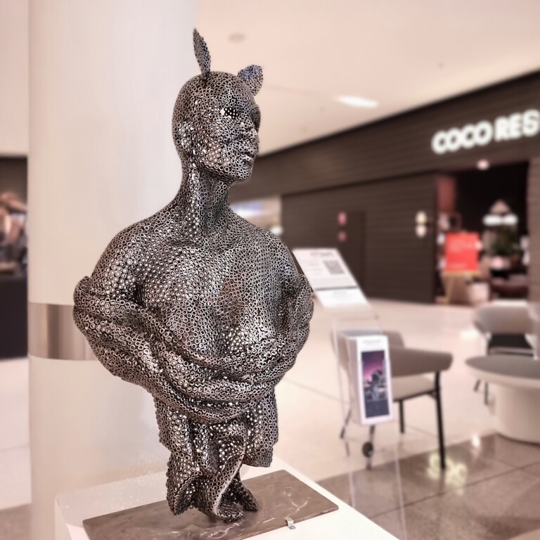 Fabricated Steel Figurative Sculpture – Masquerade by Emad Dhahir, 90x60x30cm