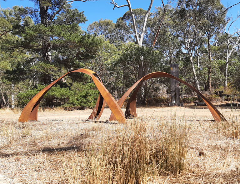 Reaching in Return – 200(h) x 600(w)cm by Astra Parker - Corten steel abstract garden sculpture - view 2