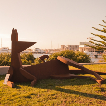 Corten Steel Kangaroo Sculpture – Collecting Fur to Line the Nest by Jimmy Rix, 2.7m | ARTpark Australia