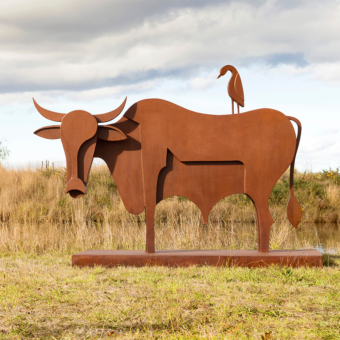 Corten Steel Bull Sculpture – Symbiotic Relationship by Jimmy Rix, 194x265x115cm | ARTpark Australia