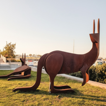 Corten Steel Kangaroo Sculpture – Startled by Jimmy Rix, 167x196x84cm | ARTpark Australia