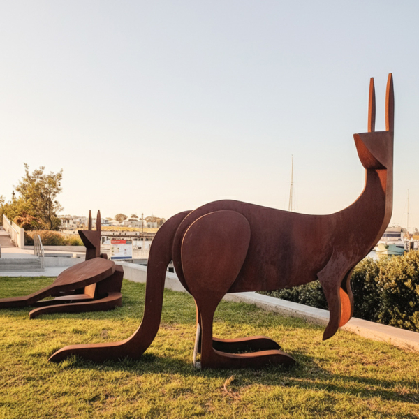 Corten Steel Kangaroo Sculpture – Startled by Jimmy Rix, 167x196x84cm | ARTpark Australia