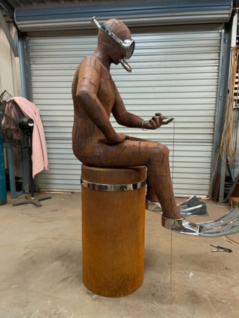 Corten Steel Figurative Sculpture – The Angle of the Dangle by Nicole Allen, 155x50x40cm | ARTpark Australia