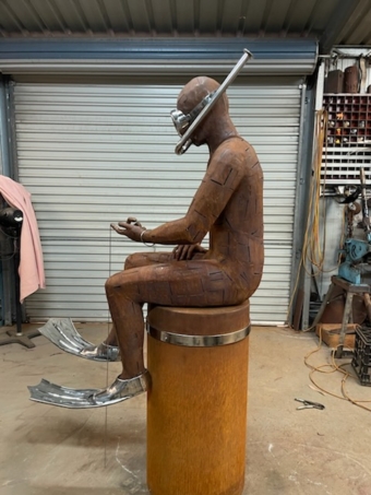 Corten Steel Figurative Sculpture – The Angle of the Dangle by Nicole Allen, 155x50x40cm | ARTpark Australia