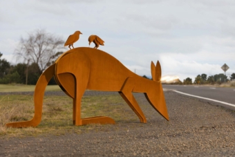 Corten Steel Kangaroo Sculpture – Collecting Fur to Line the Nest II by Jimmy Rix, 1.4m | ARTpark Australia