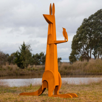 Corten Steel Kangaroo Sculpture – Kangaroo & the Honey Eater by Jimmy Rix, 2.6m | ARTpark Australia