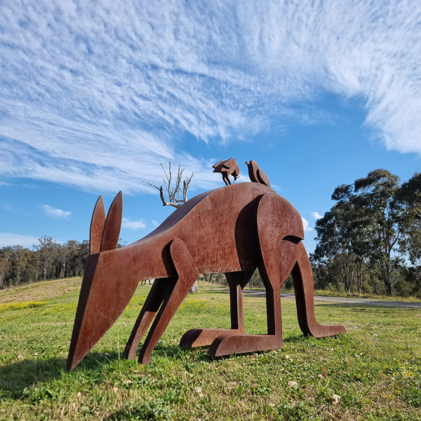 Corten Steel Kangaroo Sculpture – Collecting Fur to Line the Nest II by Jimmy Rix, 1.4m | ARTpark Australia