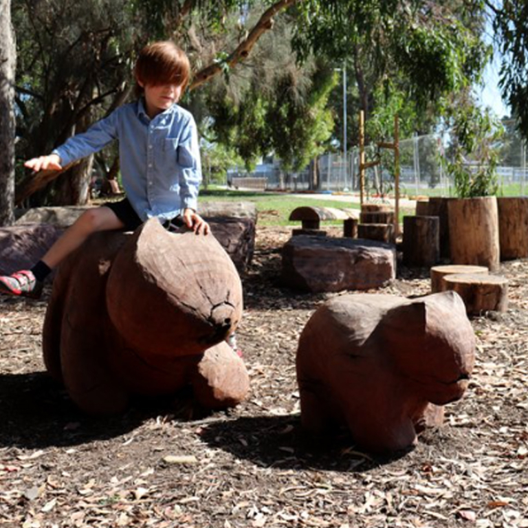 Carved Animals – public play sculpture by Lucas Guilbert - Timber garden sculpture