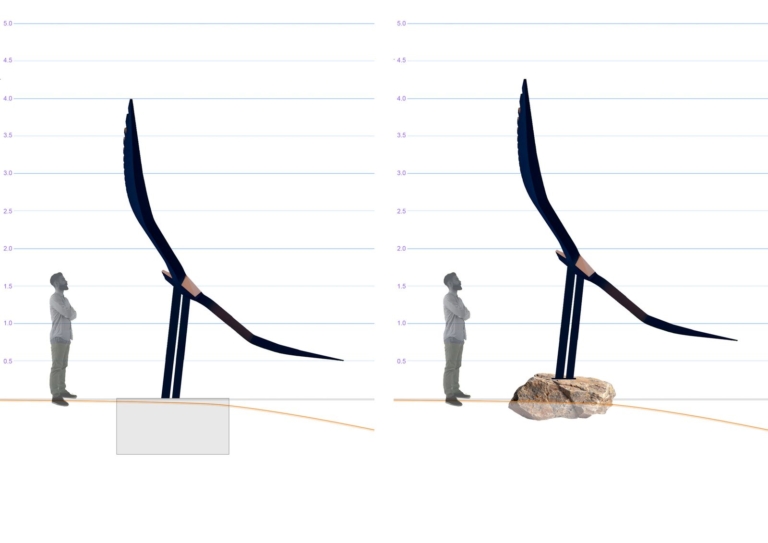 Elevation drawings of an eagle sculpture shown to scale against a standing figure, with plinth and boulder base options