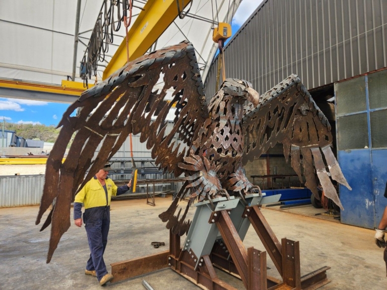 Kirra Sea Eagle replica in weathering steel during fabrication in the workshop, City of Gold Coast public art