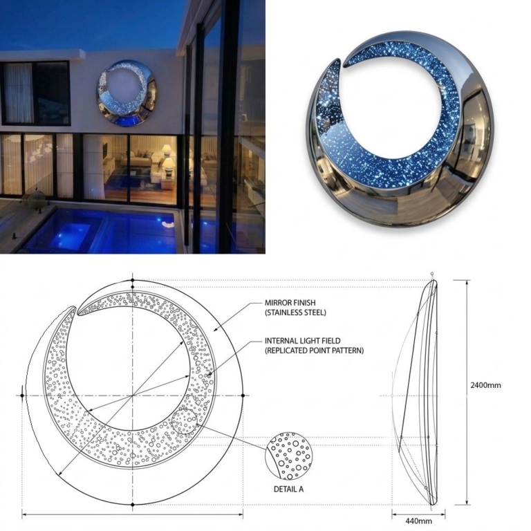 Moon sculpture design drawings, mirror-finish stainless steel ring with internal light field